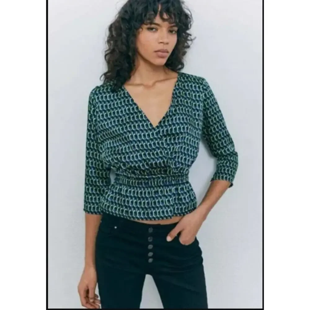 IKKS Graphic Print Wrap Peplum Blouse OpticArt Size 4 - Picture 1 of 6